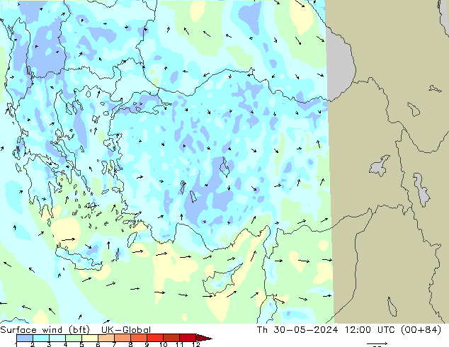 Viento 10 m (bft) UK-Global jue 30.05.2024 12 UTC