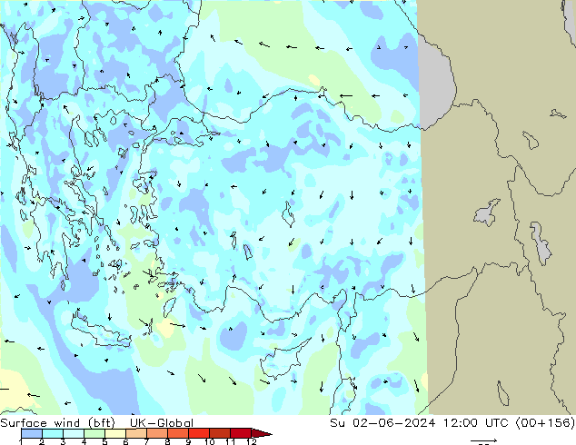 Vento 10 m (bft) UK-Global dom 02.06.2024 12 UTC