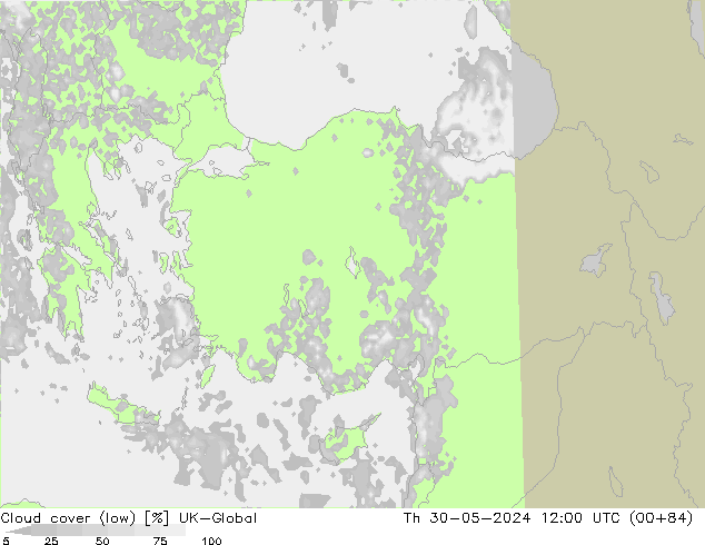 Cloud cover (low) UK-Global Th 30.05.2024 12 UTC