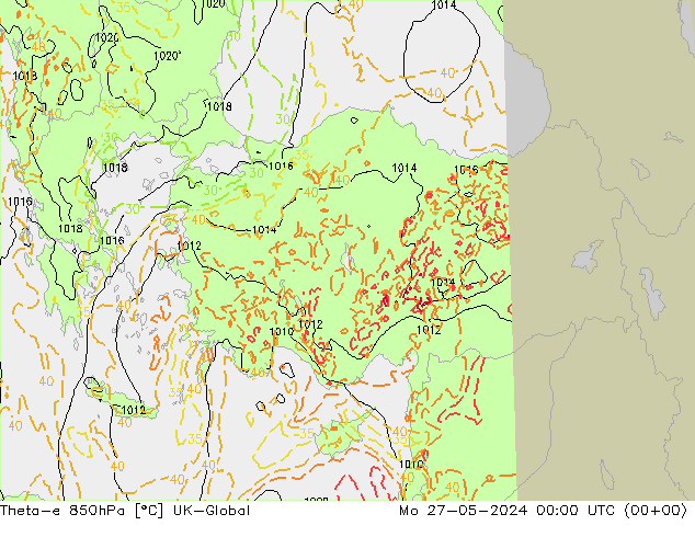 Theta-e 850hPa UK-Global Mo 27.05.2024 00 UTC