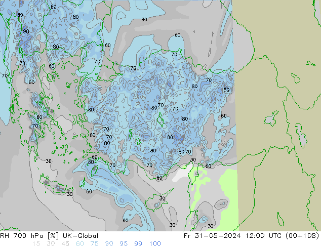 Humidité rel. 700 hPa UK-Global ven 31.05.2024 12 UTC