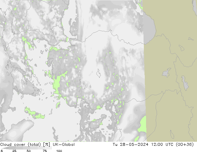 Cloud cover (total) UK-Global Tu 28.05.2024 12 UTC