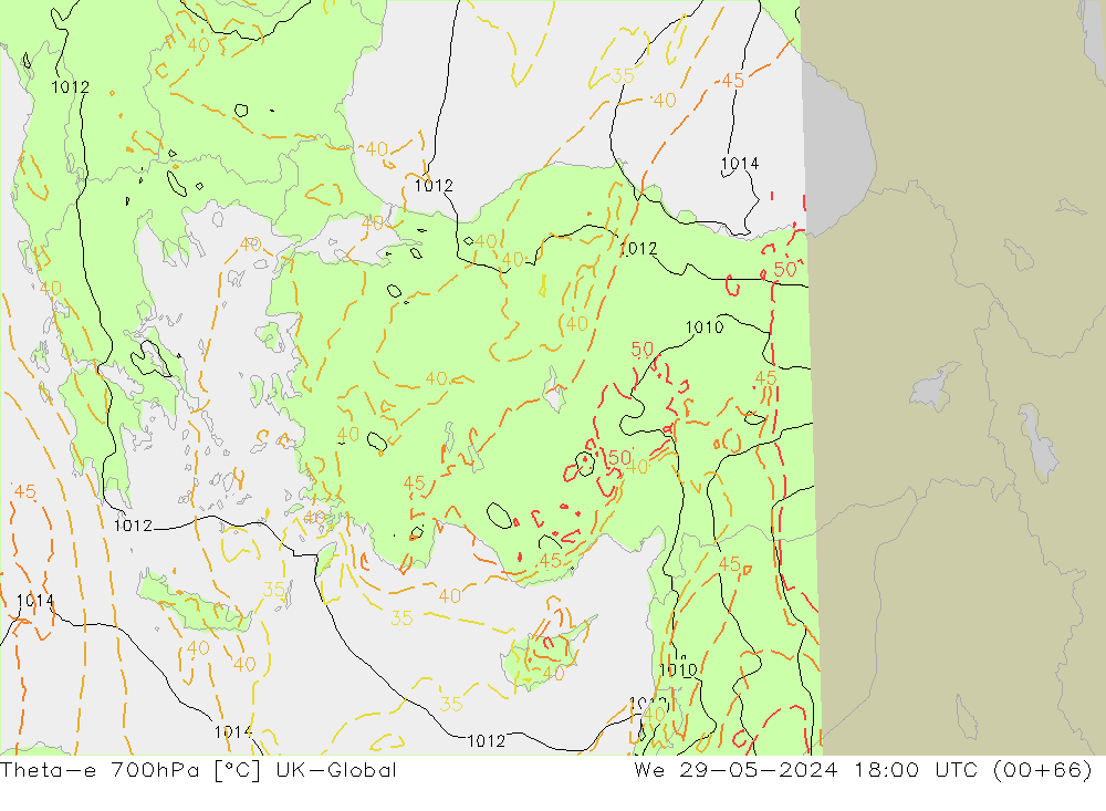 Theta-e 700hPa UK-Global We 29.05.2024 18 UTC