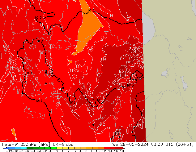Theta-W 850hPa UK-Global We 29.05.2024 03 UTC
