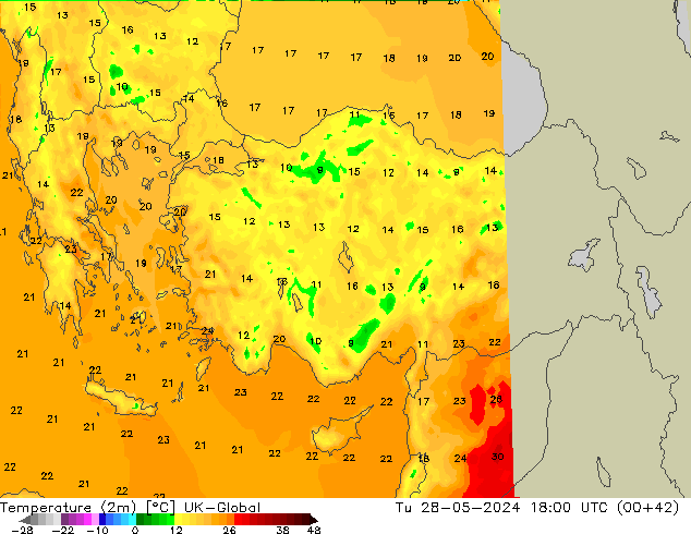 Temperatura (2m) UK-Global mar 28.05.2024 18 UTC