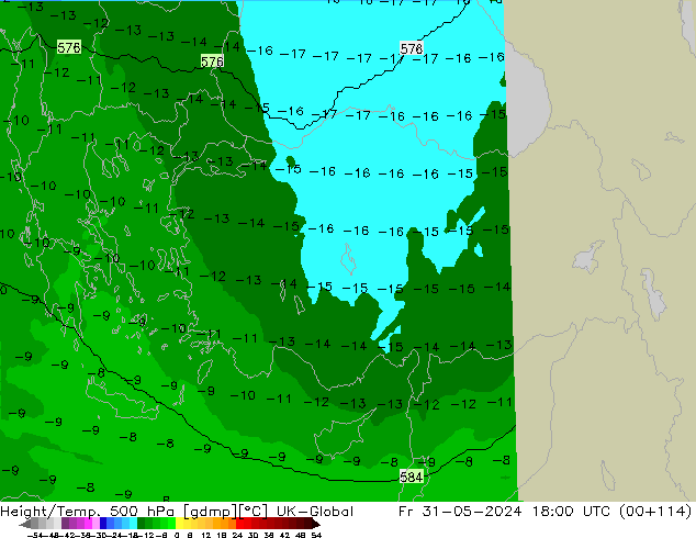 Height/Temp. 500 hPa UK-Global Fr 31.05.2024 18 UTC