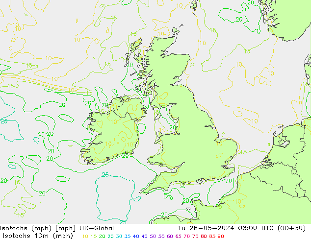 Isotachs (mph) UK-Global вт 28.05.2024 06 UTC