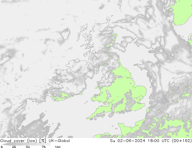 Cloud cover (low) UK-Global Su 02.06.2024 18 UTC