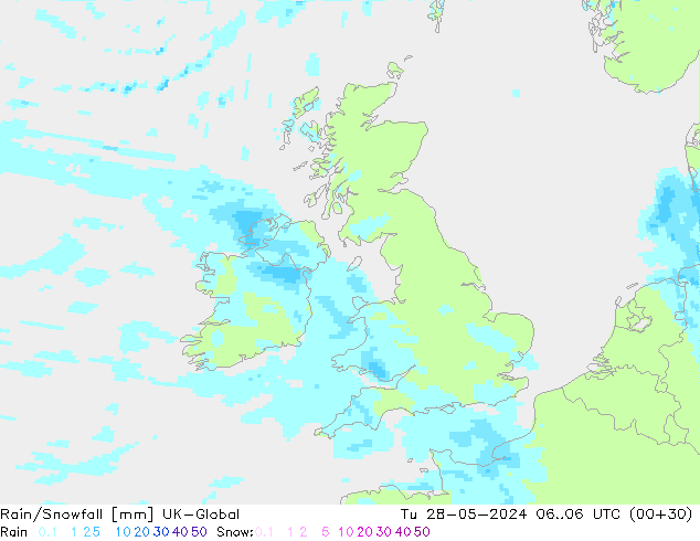 Rain/Snowfall UK-Global Út 28.05.2024 06 UTC