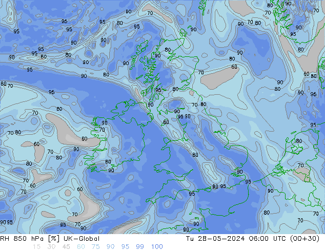 RH 850 hPa UK-Global Út 28.05.2024 06 UTC