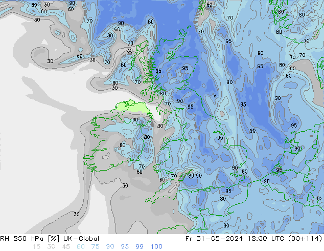 RH 850 hPa UK-Global Fr 31.05.2024 18 UTC