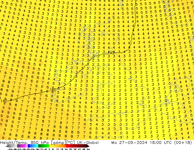 Height/Temp. 850 hPa UK-Global lun 27.05.2024 18 UTC