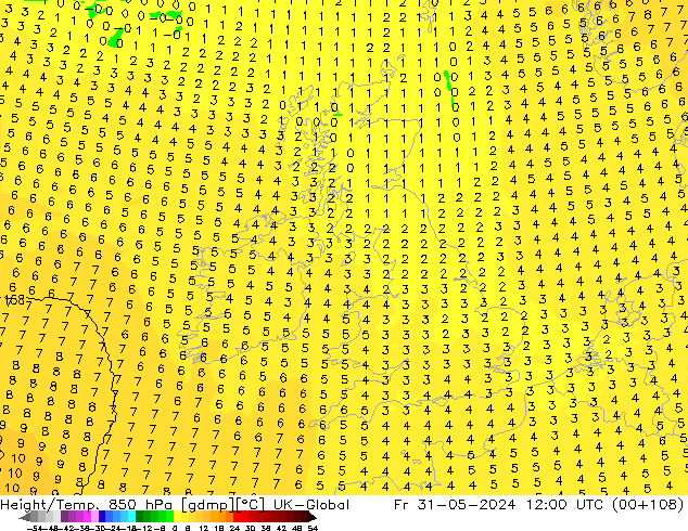 Height/Temp. 850 hPa UK-Global ven 31.05.2024 12 UTC