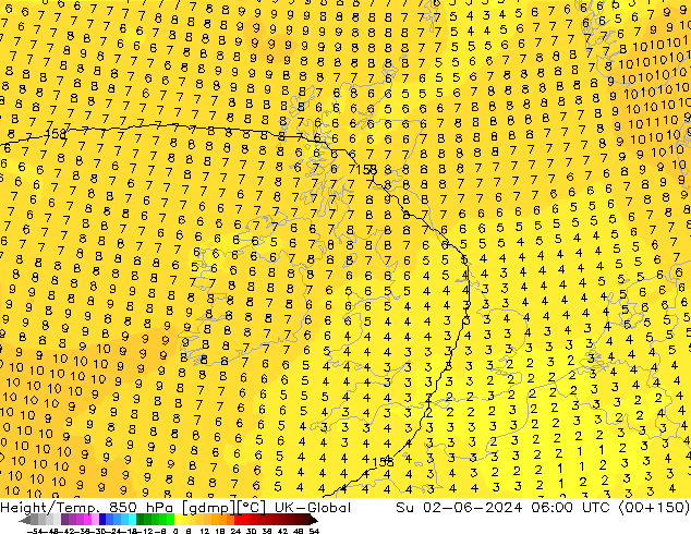 Height/Temp. 850 hPa UK-Global  02.06.2024 06 UTC