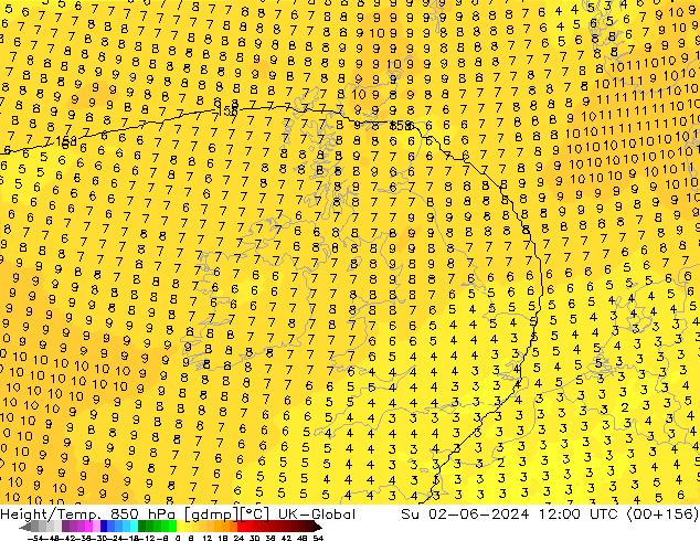 Hoogte/Temp. 850 hPa UK-Global zo 02.06.2024 12 UTC