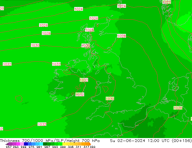 Schichtdicke 700-1000 hPa UK-Global So 02.06.2024 12 UTC