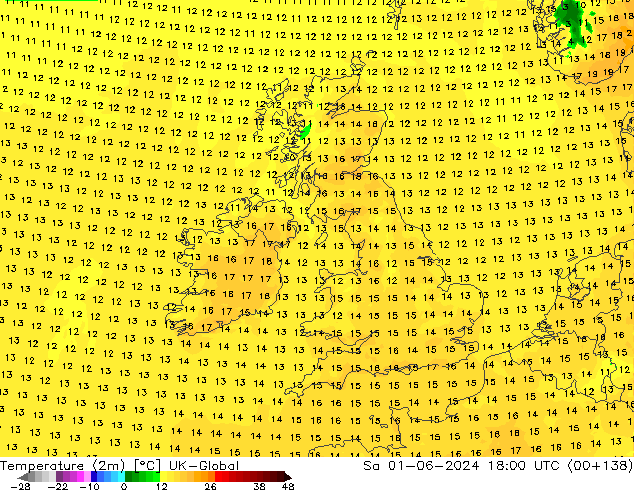 Sıcaklık Haritası (2m) UK-Global Cts 01.06.2024 18 UTC