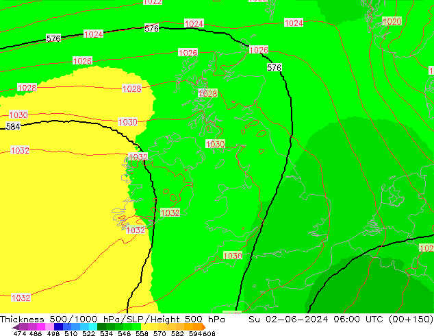 Thck 500-1000гПа UK-Global Вс 02.06.2024 06 UTC