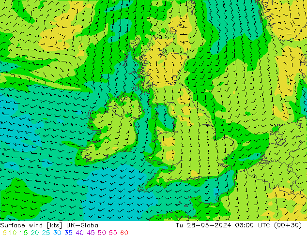 Surface wind UK-Global Tu 28.05.2024 06 UTC