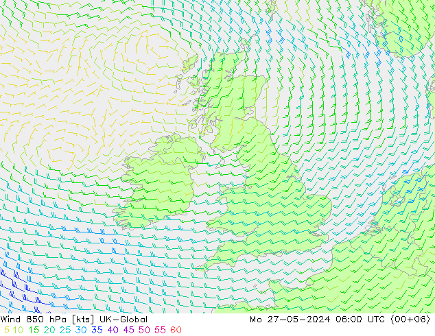 Wind 850 hPa UK-Global Po 27.05.2024 06 UTC