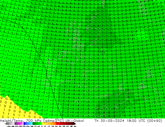 Height/Temp. 700 hPa UK-Global Th 30.05.2024 18 UTC