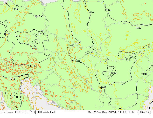 Theta-e 850hPa UK-Global ma 27.05.2024 18 UTC