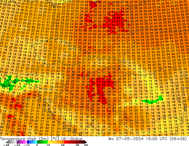 Temperature High (2m) UK-Global Mo 27.05.2024 15 UTC