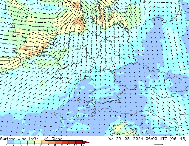 Wind 10 m (bft) UK-Global wo 29.05.2024 06 UTC