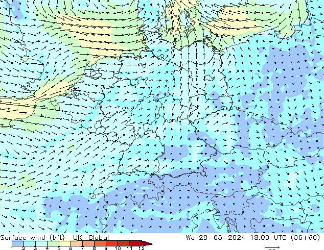 Vento 10 m (bft) UK-Global mer 29.05.2024 18 UTC
