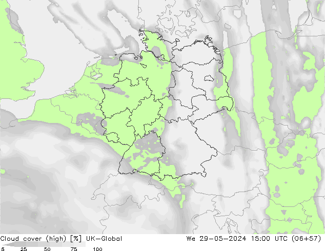 Cloud cover (high) UK-Global We 29.05.2024 15 UTC