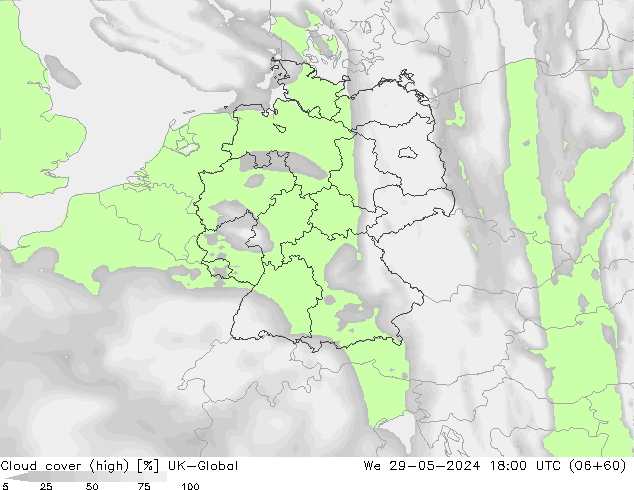 Cloud cover (high) UK-Global We 29.05.2024 18 UTC