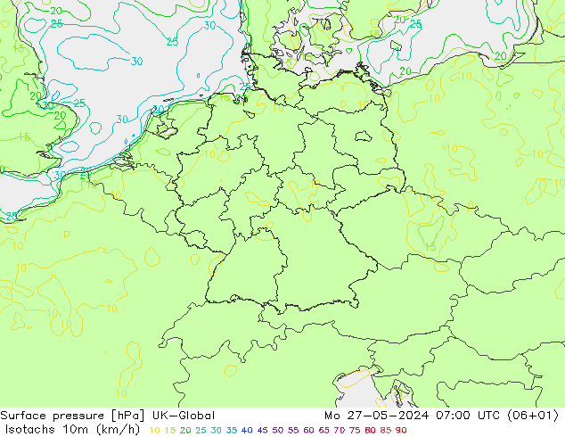 Isotachen (km/h) UK-Global Mo 27.05.2024 07 UTC