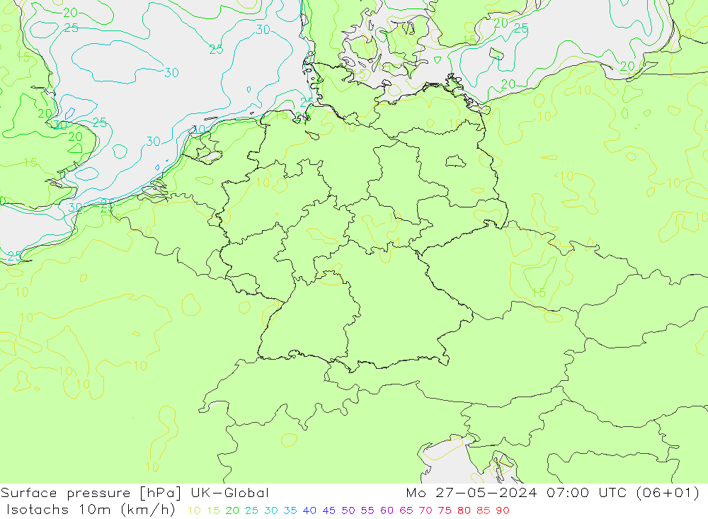 Isotachs (kph) UK-Global пн 27.05.2024 07 UTC