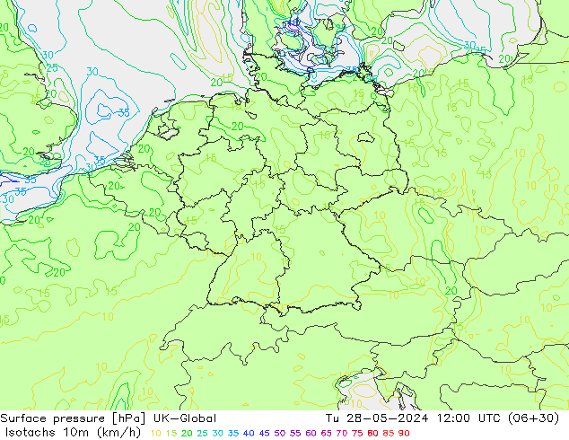 Isotaca (kph) UK-Global mar 28.05.2024 12 UTC