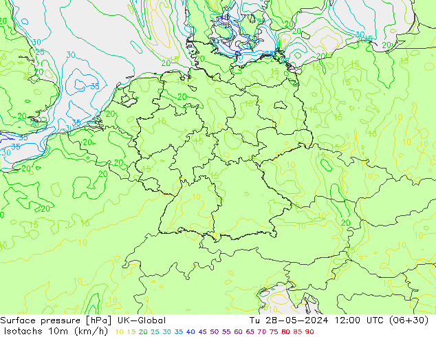 Isotachs (kph) UK-Global Tu 28.05.2024 12 UTC