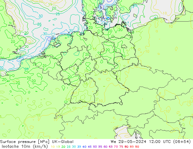 Isotachs (kph) UK-Global Qua 29.05.2024 12 UTC