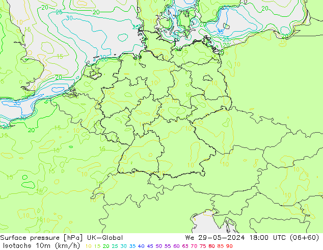 Izotacha (km/godz) UK-Global śro. 29.05.2024 18 UTC