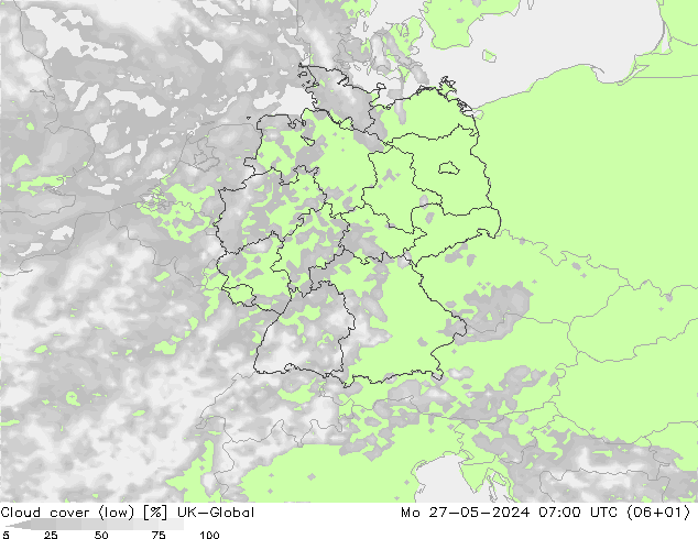 Cloud cover (low) UK-Global Mo 27.05.2024 07 UTC