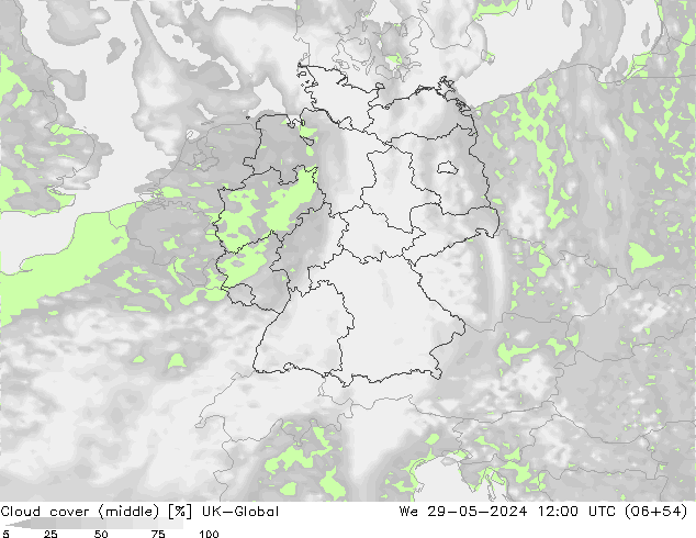 Bewolking (Middelb.) UK-Global wo 29.05.2024 12 UTC