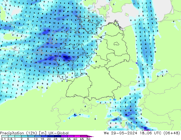 Yağış (12h) UK-Global Çar 29.05.2024 06 UTC