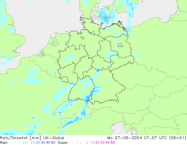 Rain/Snowfall UK-Global 星期一 27.05.2024 07 UTC