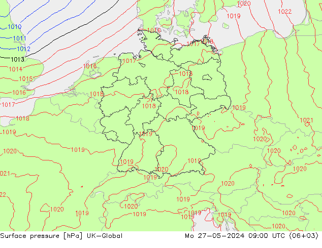 Atmosférický tlak UK-Global Po 27.05.2024 09 UTC