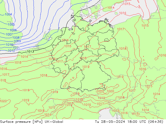 Surface pressure UK-Global Tu 28.05.2024 18 UTC