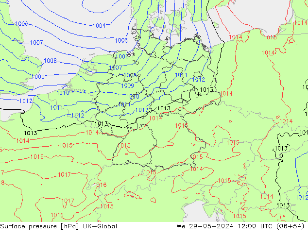 Pressione al suolo UK-Global mer 29.05.2024 12 UTC