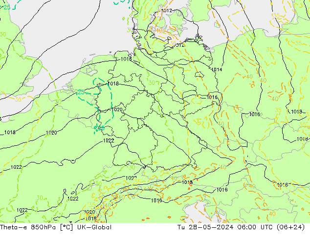Theta-e 850hPa UK-Global Ter 28.05.2024 06 UTC