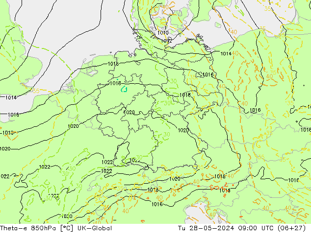 Theta-e 850гПа UK-Global вт 28.05.2024 09 UTC