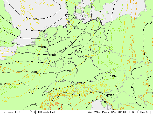 Theta-e 850hPa UK-Global Qua 29.05.2024 06 UTC