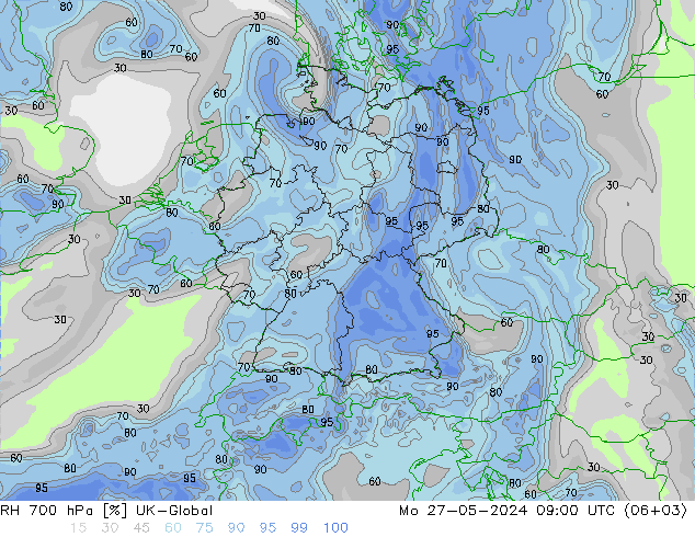 RH 700 hPa UK-Global Mo 27.05.2024 09 UTC