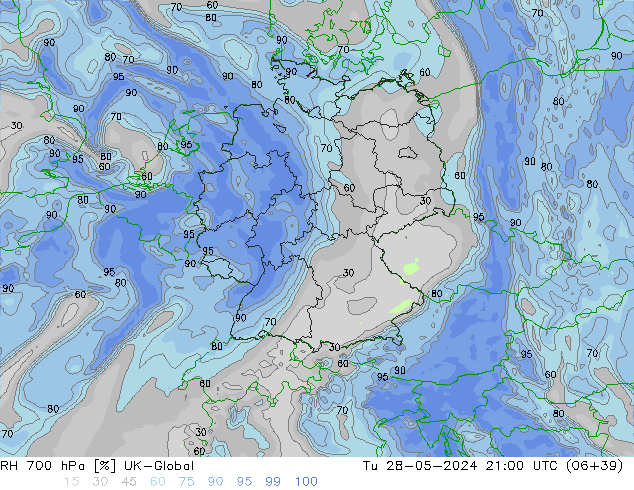 RH 700 гПа UK-Global вт 28.05.2024 21 UTC