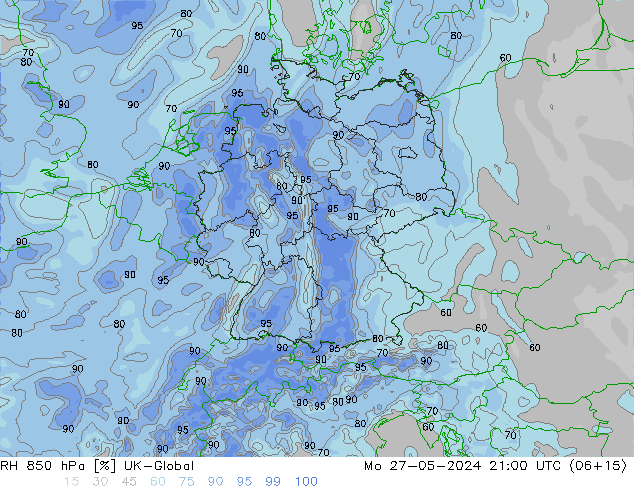 RH 850 hPa UK-Global pon. 27.05.2024 21 UTC